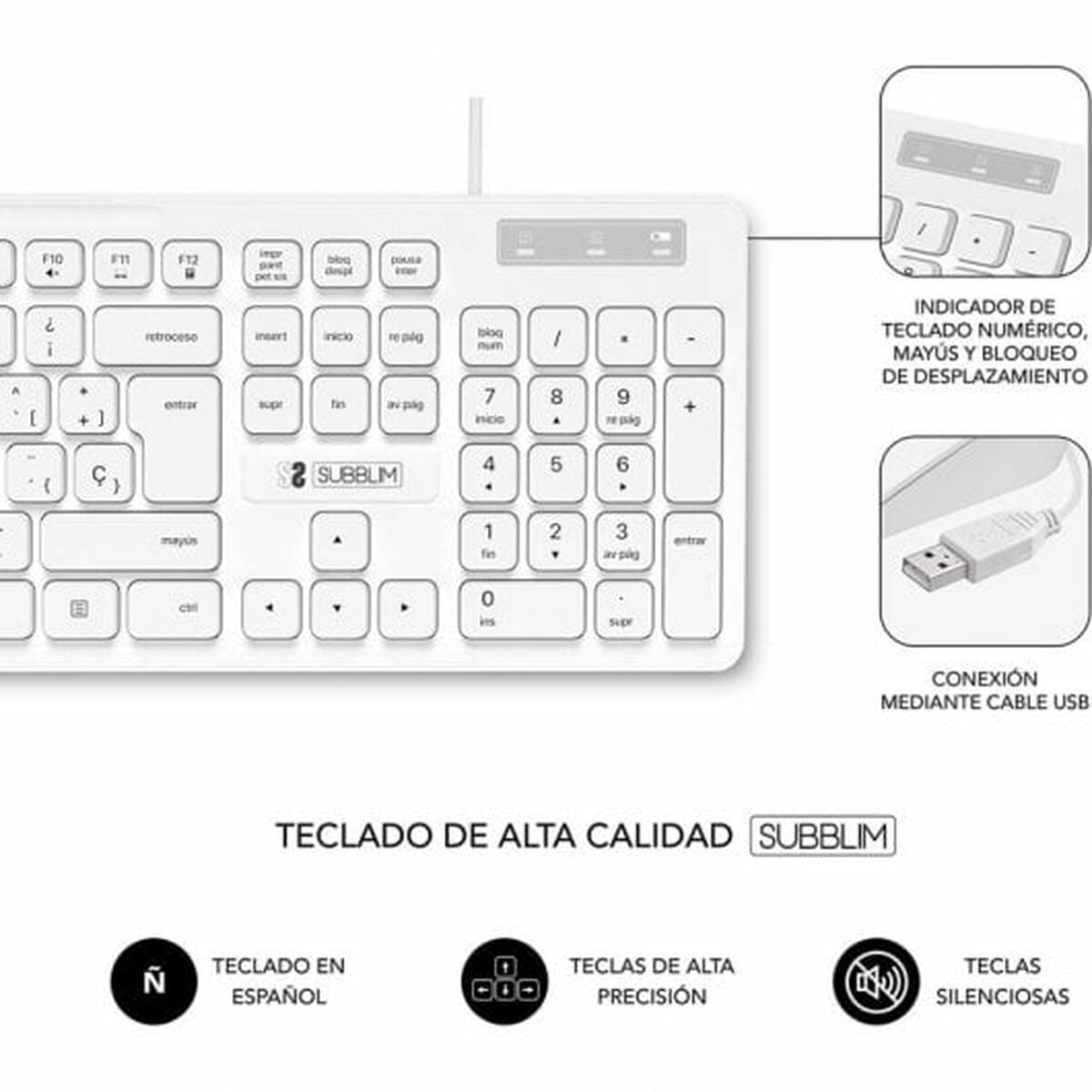 Keyboard and Mouse Subblim Combo Business Slim White Spanish Qwerty QWERTY